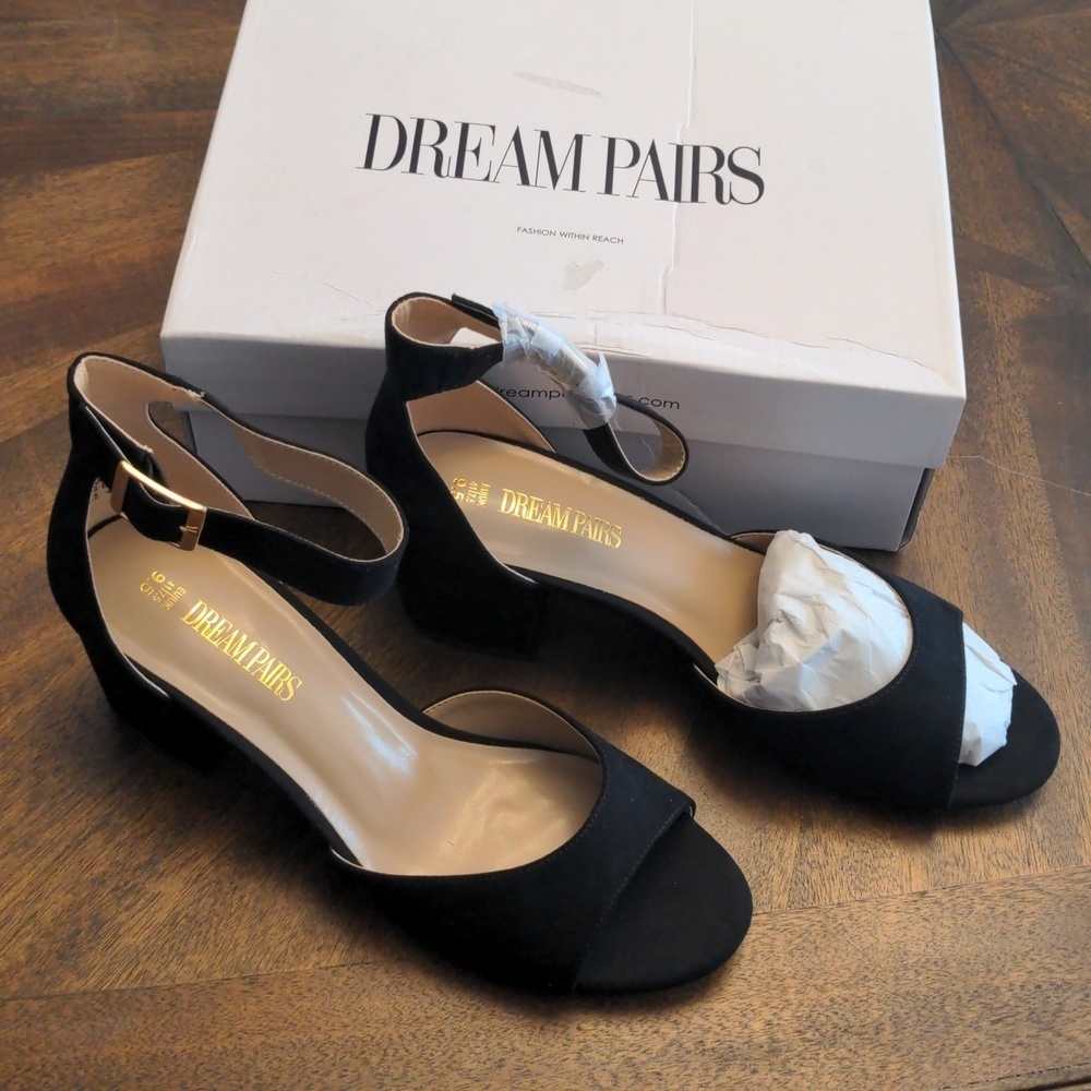 Dream Pairs Chunkle Black Suede Low Wedge Ankle Strap Sandals Women’s 9.5 - Picture 3 of 10